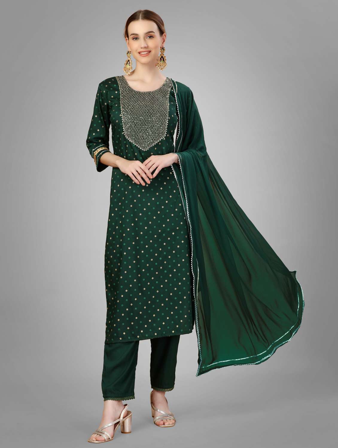 women three quarter sleeve kurta pant with dupatta set