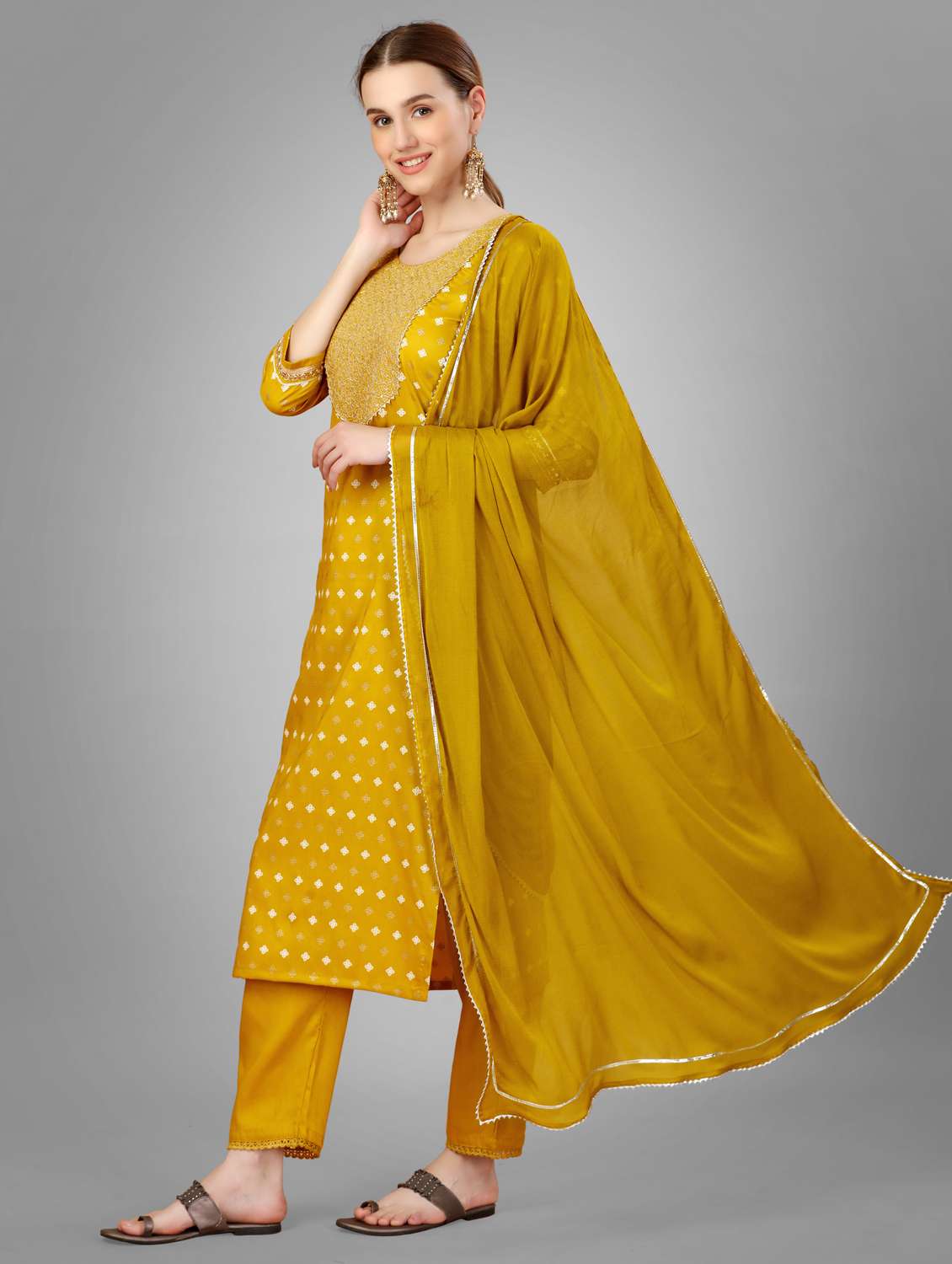 women three quarter sleeve kurta pant with dupatta set - 22014164 -  Standard Image - 2