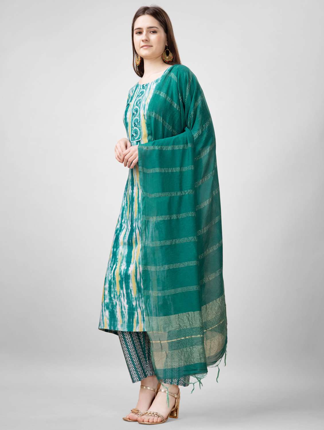 women printed three quarter sleeve kurta pant with dupatta set - 22014176 - Standard Image - 2