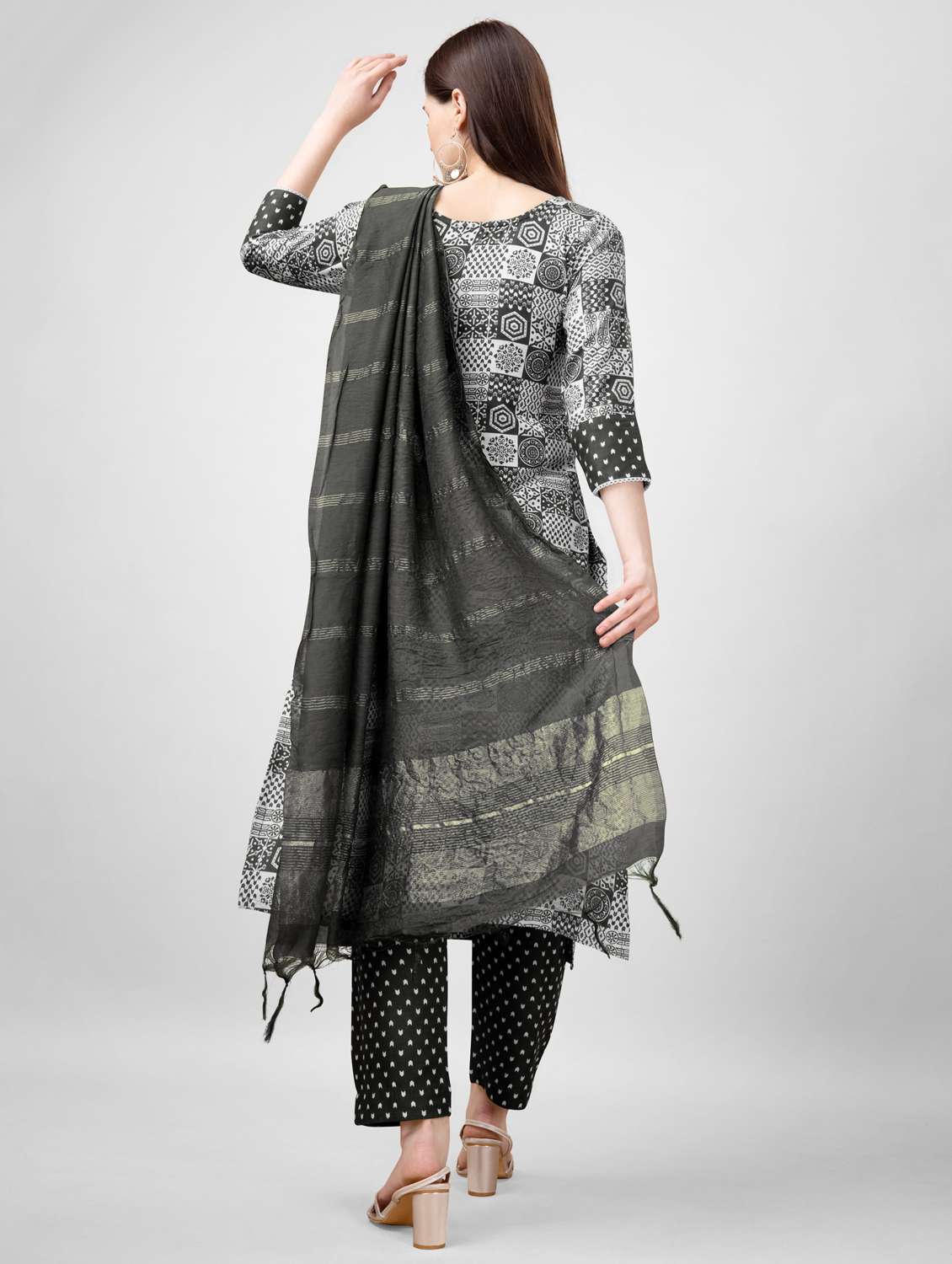 women printed three quarter sleeve kurta pant with dupatta set - 22014177 - Standard Image - 2