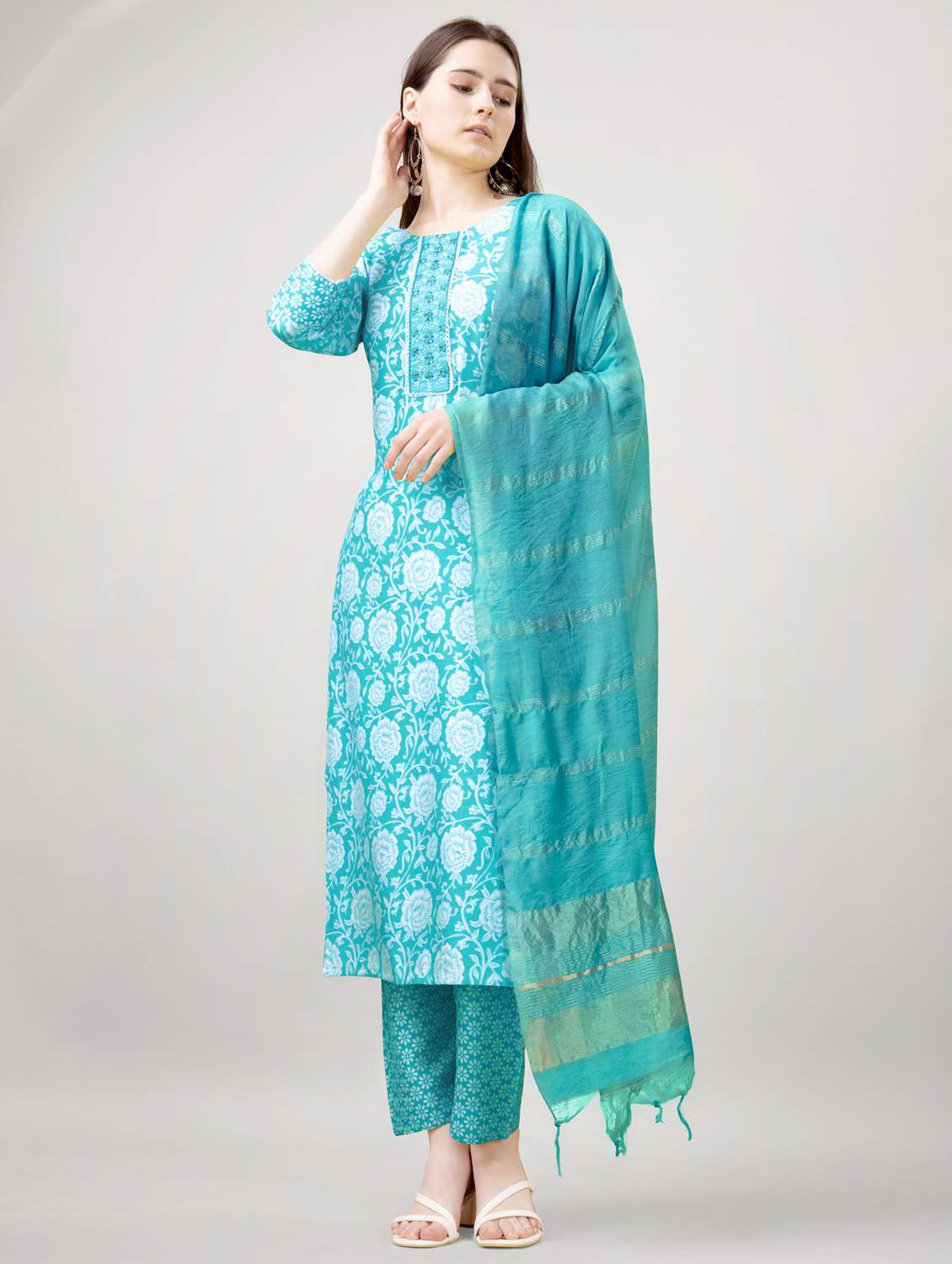 women three quarter sleeve kurta pant with dupatta set - 22014188 - Standard Image - 2