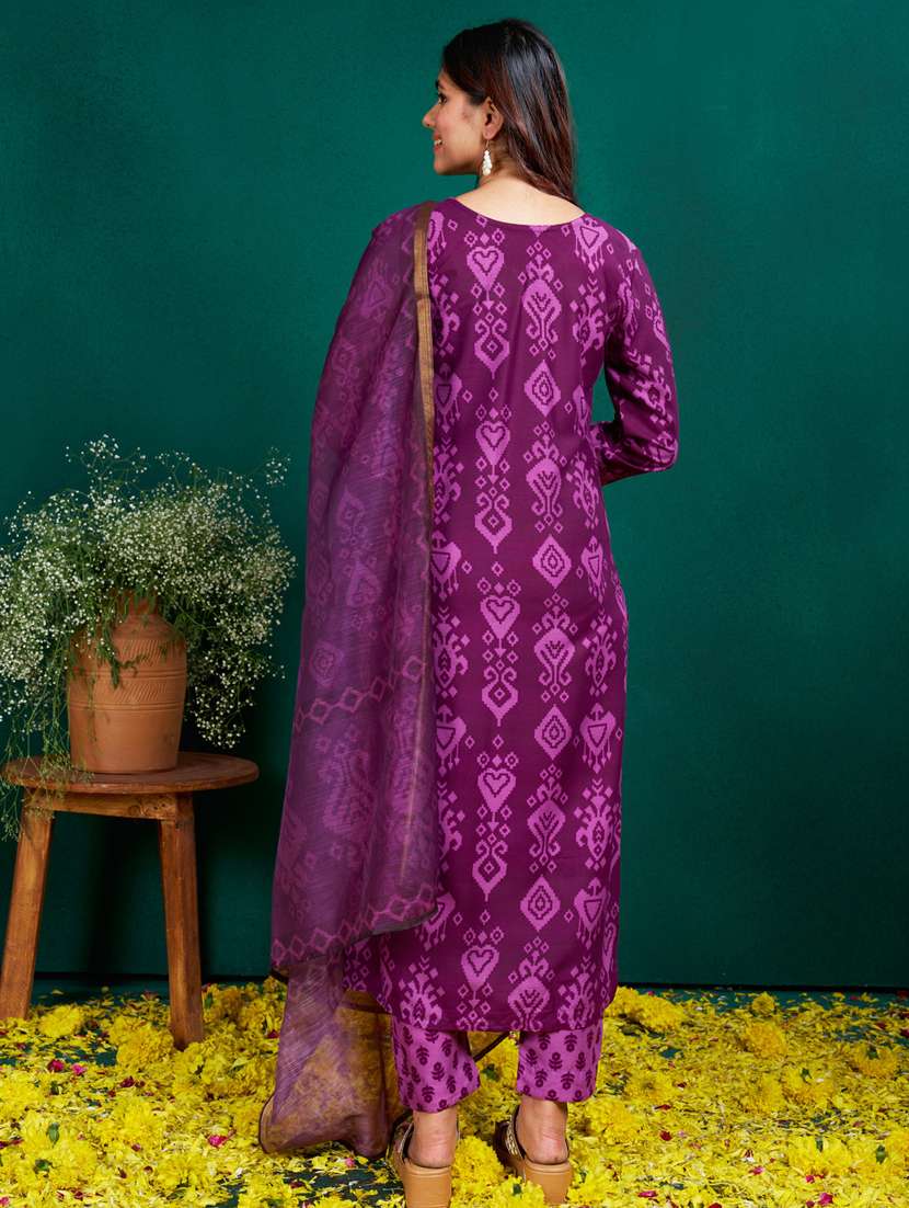 women printed three quarter sleeve kurta pant with dupatta set - 22014232 - Standard Image - 2