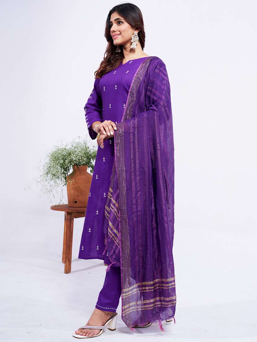 women embroidered three quarter sleeve kurta pant with dupatta set - 22014242 -  Standard Image - 2