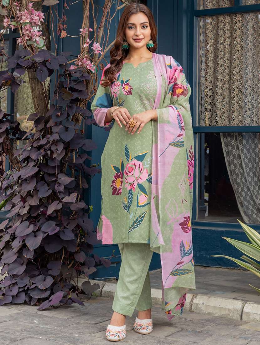 women floral print three quarter sleeve kurta pant with dupatta set