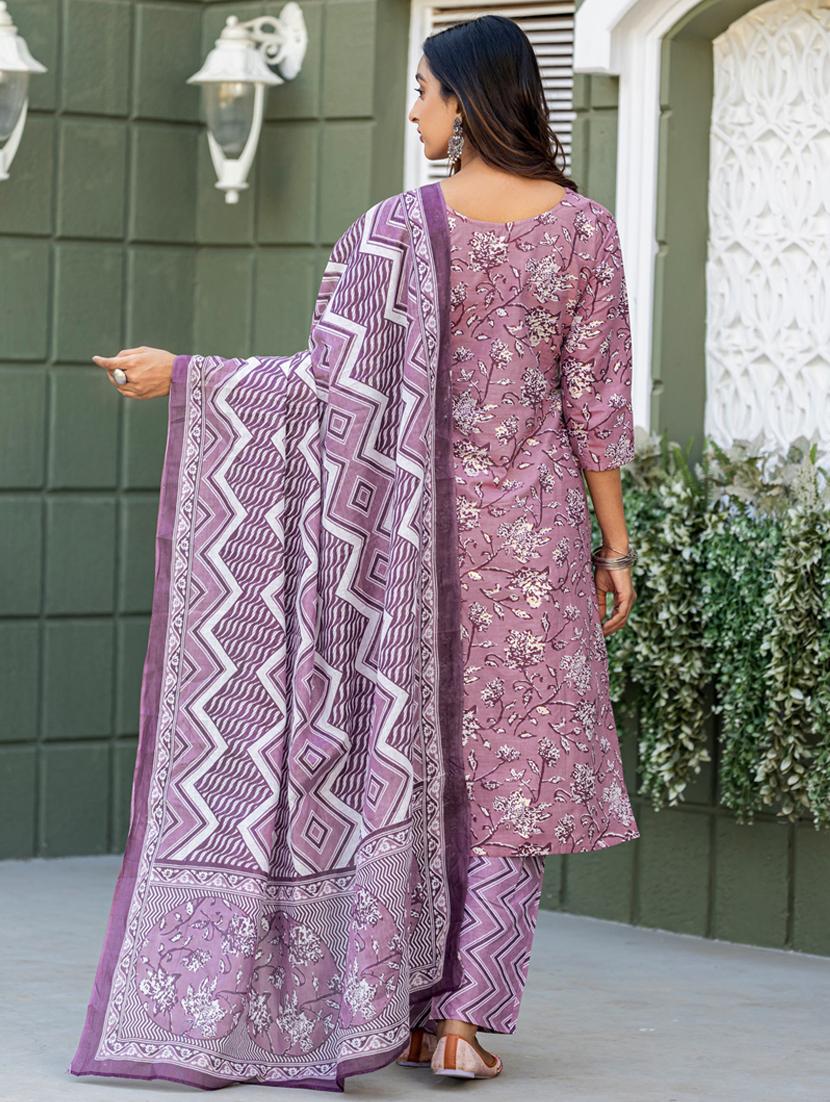 women printed three quarter sleeve kurta pant with dupatta set - 22014265 - Standard Image - 2