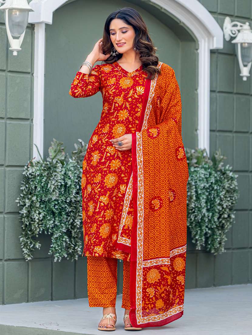 women printed three quarter sleeve kurta pant with dupatta set - 22014266 - Standard Image - 2