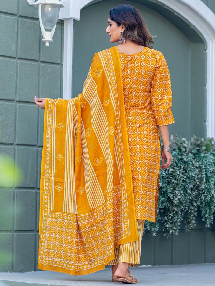 women printed three quarter sleeve kurta pant with dupatta set - 22014273 - Standard Image - 2