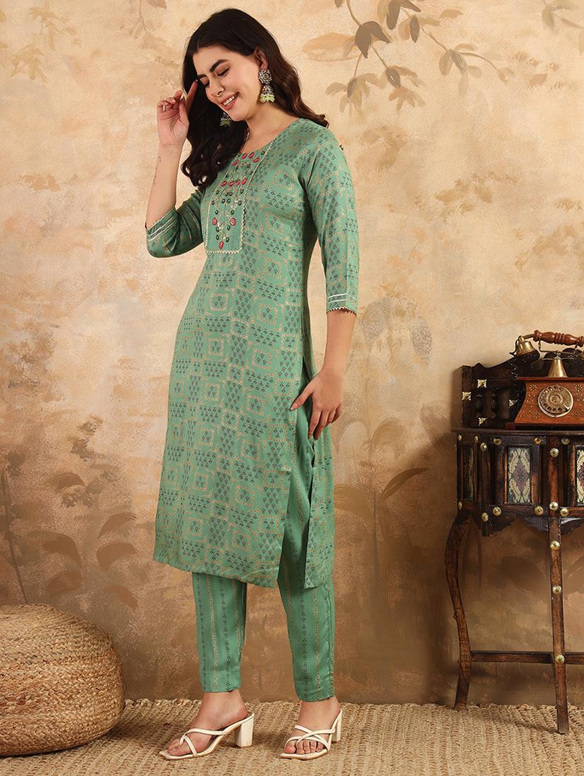 women printed three quarter sleeve kurta and pant set - 22014281 - Standard Image - 2
