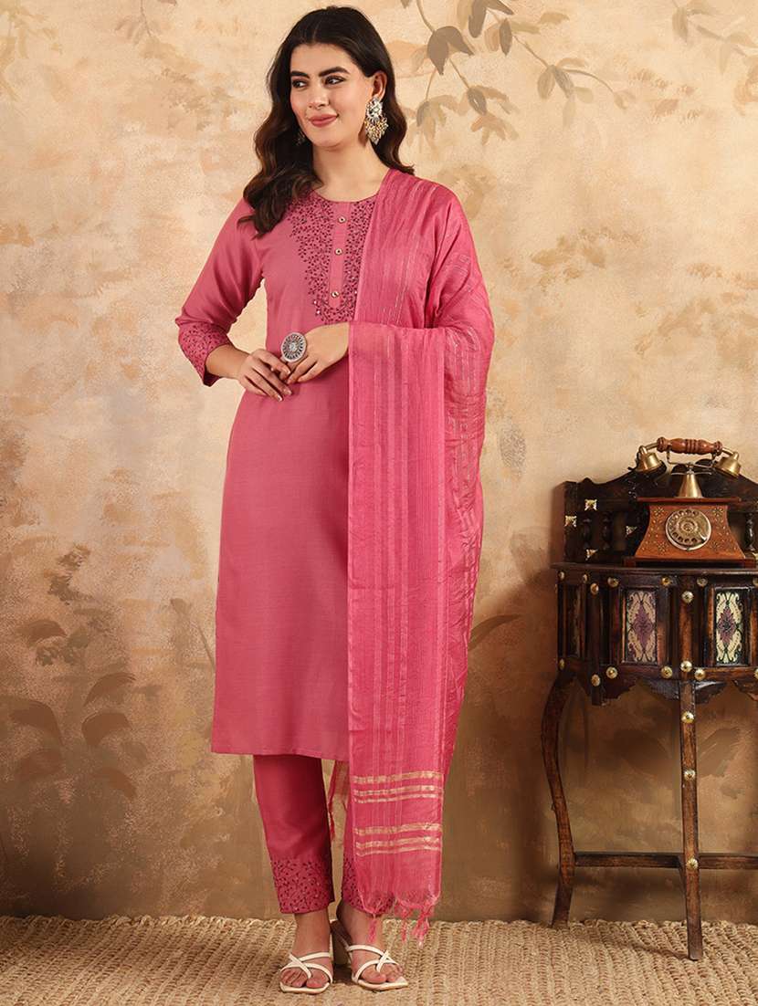 women three quarter sleeve kurta pant with dupatta set