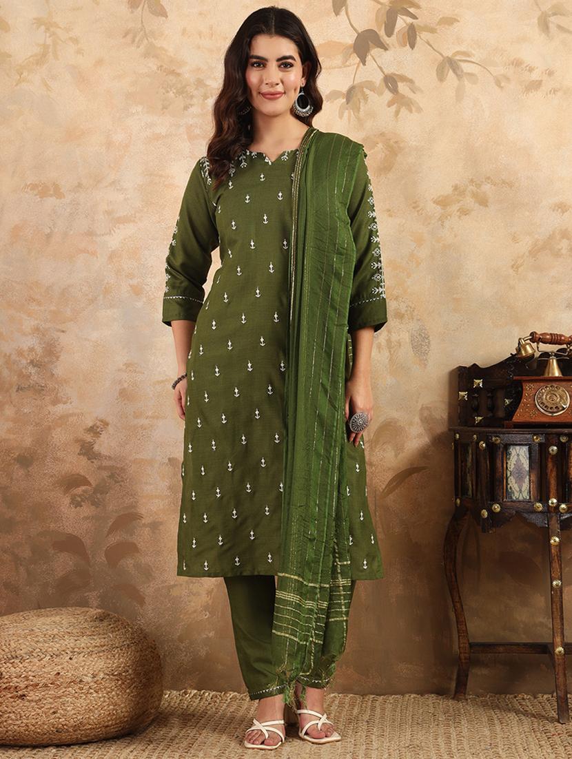 women three quarter sleeve kurta pant with dupatta set - 22014284 - Zoom Image - 0