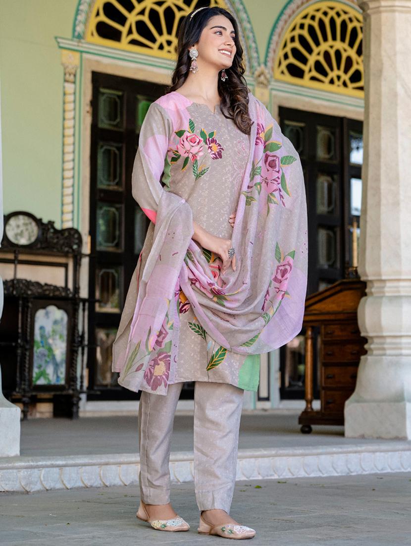 women printed three quarter sleeve kurta pant with dupatta set - 22014289 - Standard Image - 2