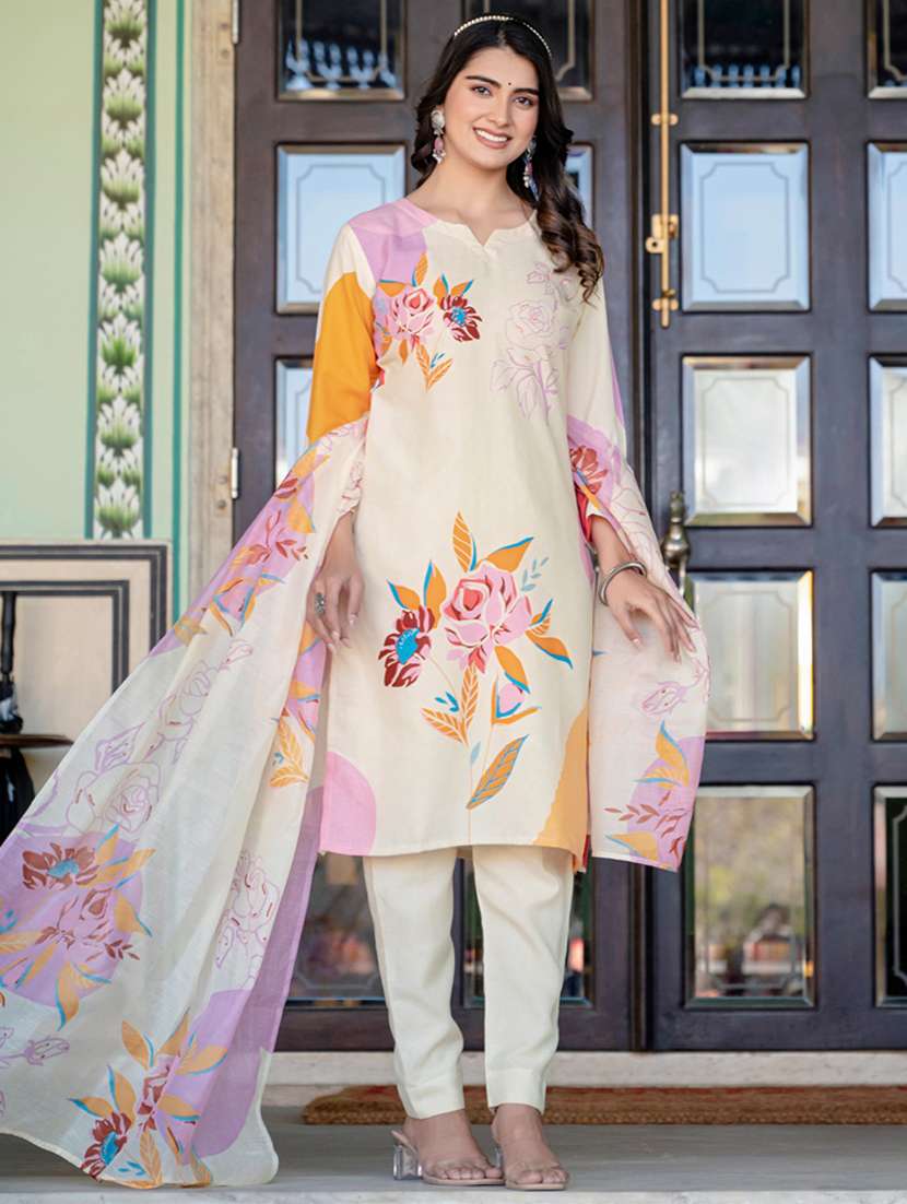 women printed three quarter sleeve kurta pant with dupatta set - 22014290 - Standard Image - 2