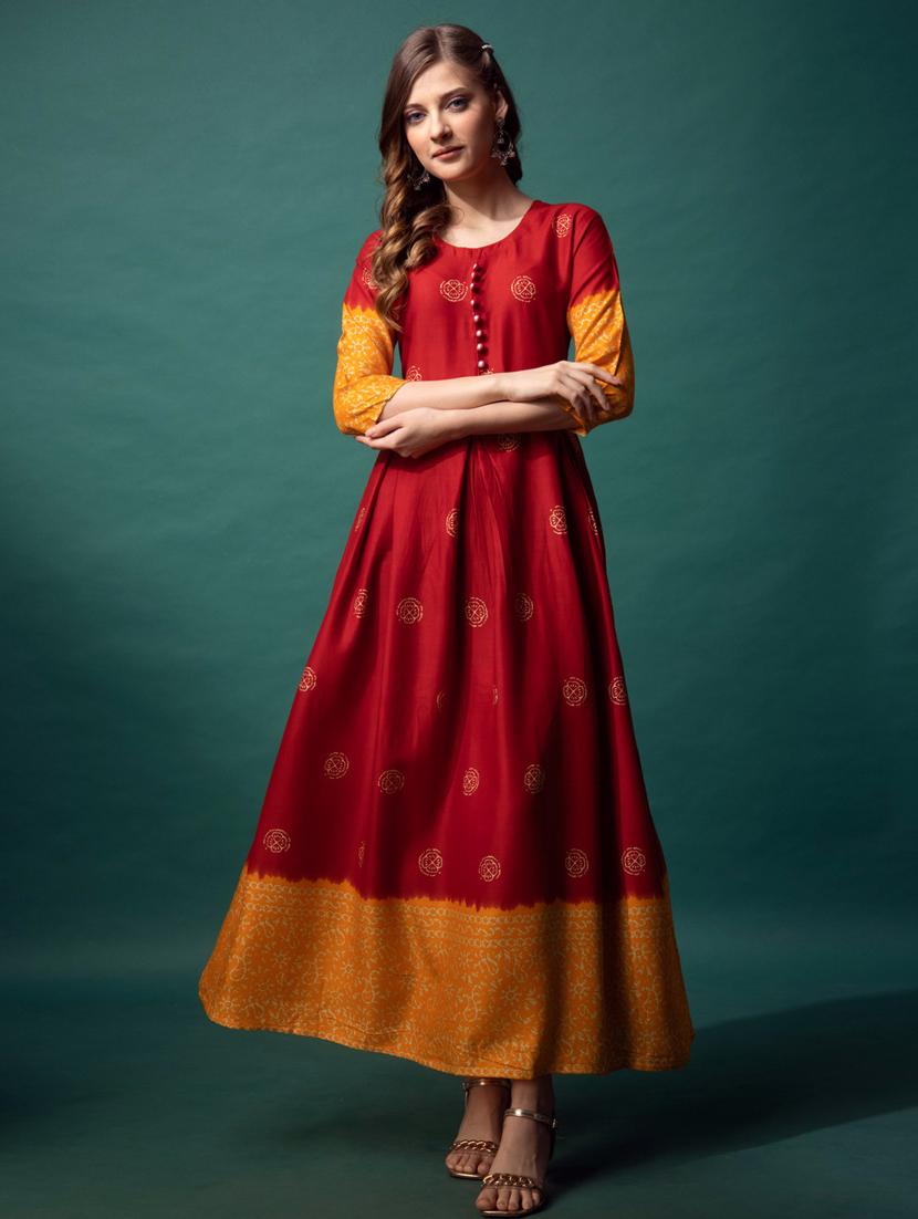 women printed three quarter sleeve flared kurta - 22014312 - Standard Image - 2