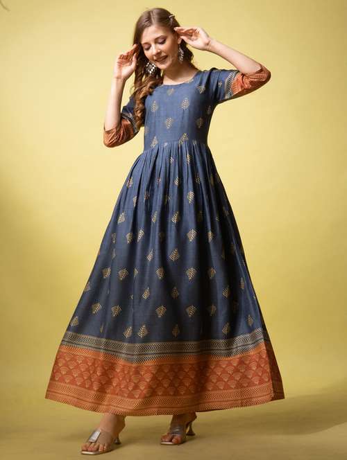 women printed three quarter sleeve anarkali kurta - 22014313 -  Standard Image - 0