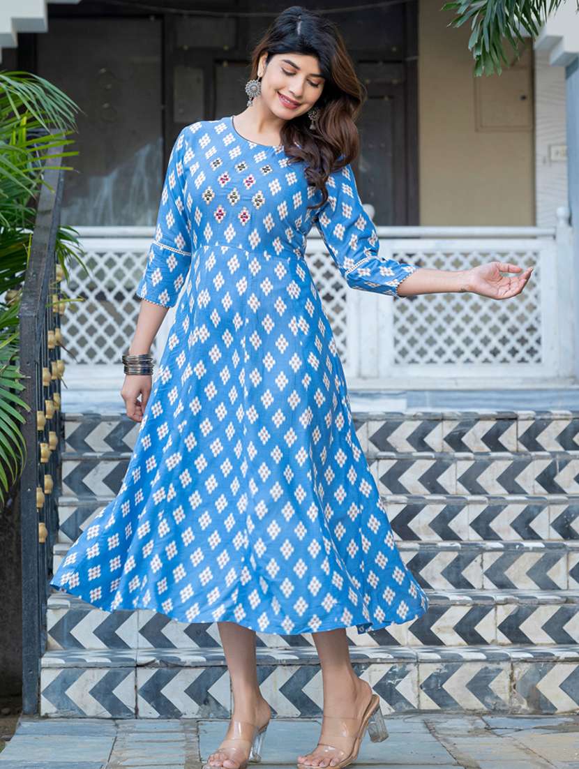 women printed three quarter sleeve anarkali kurta - 22014318 - Standard Image - 2