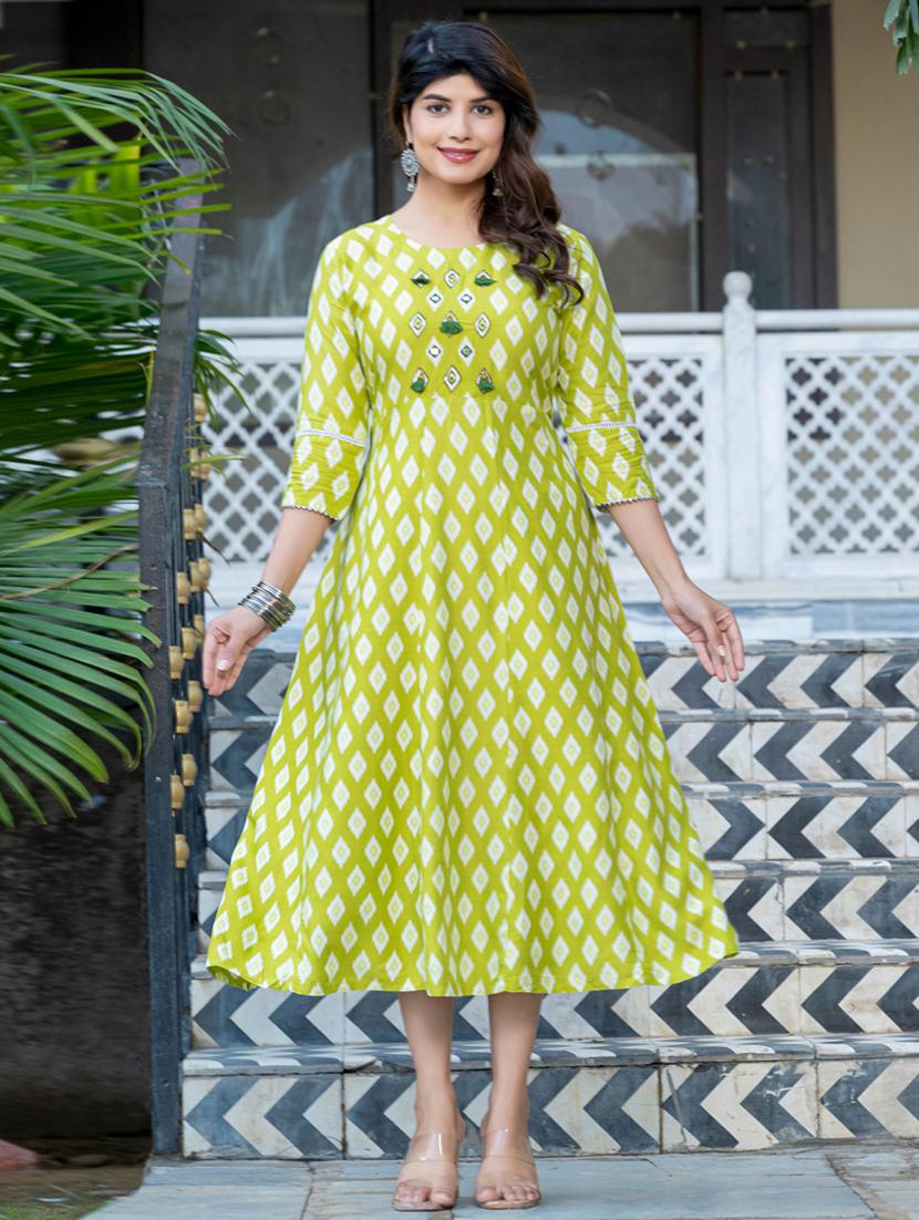 women printed three quarter sleeve a-line kurta - 22014320 - Standard Image - 2
