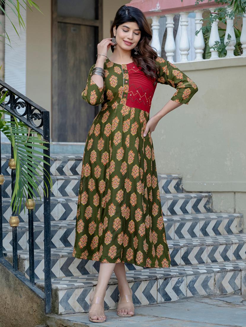 women printed three quarter sleeve a-line kurta - 22014321 - Standard Image - 2