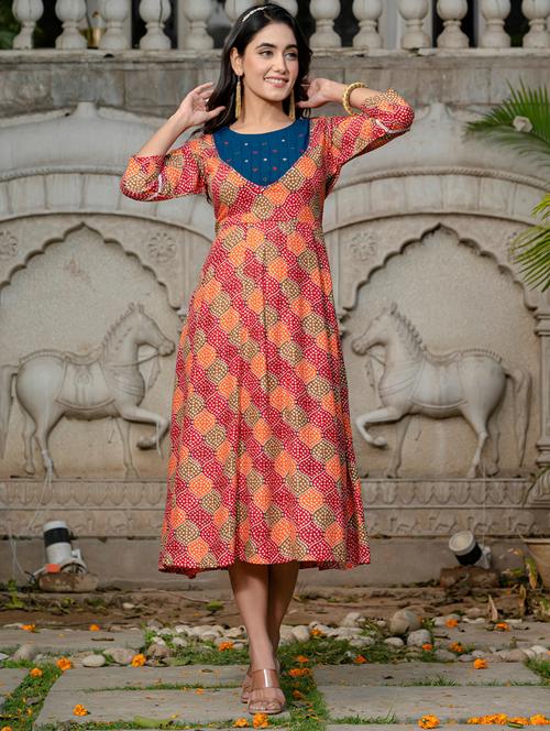 women printed three quarter sleeve anarkali kurta - 22014324 - Standard Image - 0