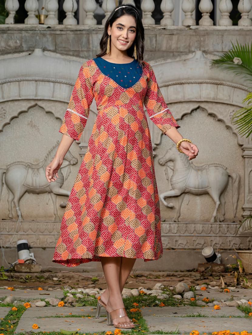 women printed three quarter sleeve anarkali kurta - 22014324 - Standard Image - 2