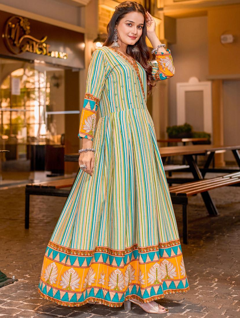 women striped three quarter sleeve anarkali kurta - 22014328 - Standard Image - 2