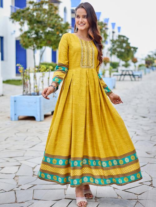 women printed three quarter sleeve anarkali kurta - 22014329 - Standard Image - 0