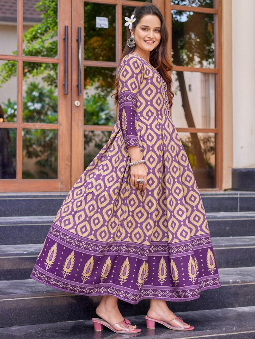 women printed three quarter sleeve anarkali kurta - 22014331 - Standard Image - 2