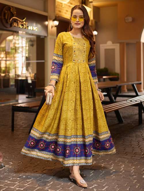 women printed three quarter sleeve anarkali kurta - 22014335 - Standard Image - 0