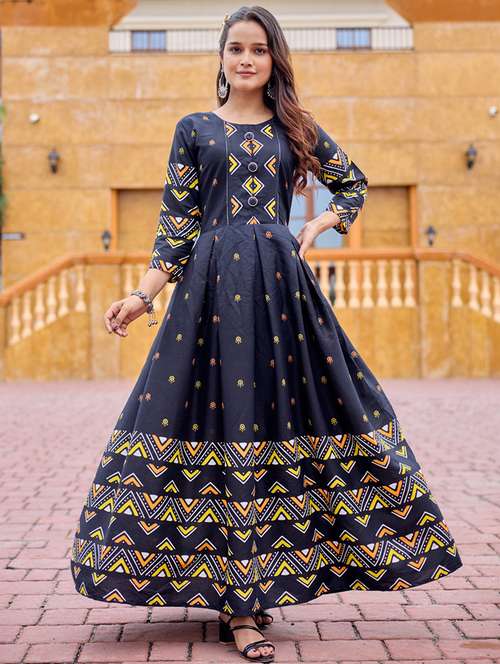 women printed three quarter sleeve anarkali kurta - 22014336 - Standard Image - 0