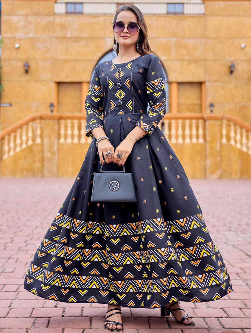 women printed three quarter sleeve anarkali kurta - 22014336 - Standard Image - 2