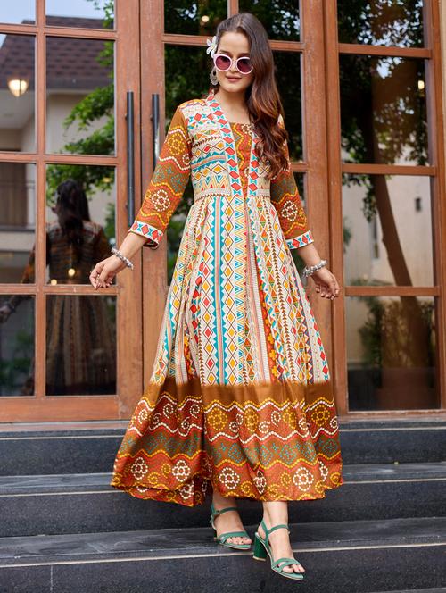 women printed three quarter sleeve anarkali kurta - 22014339 - Standard Image - 0