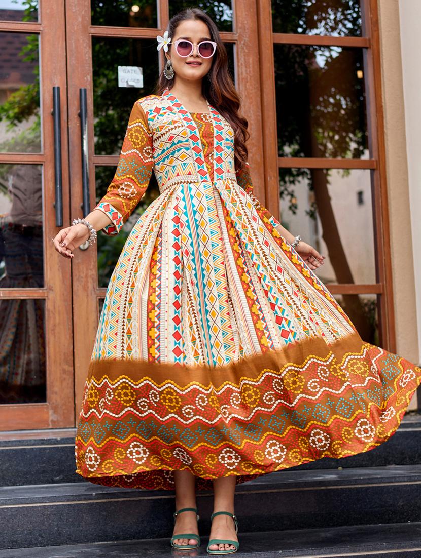 women printed three quarter sleeve anarkali kurta - 22014339 - Standard Image - 2
