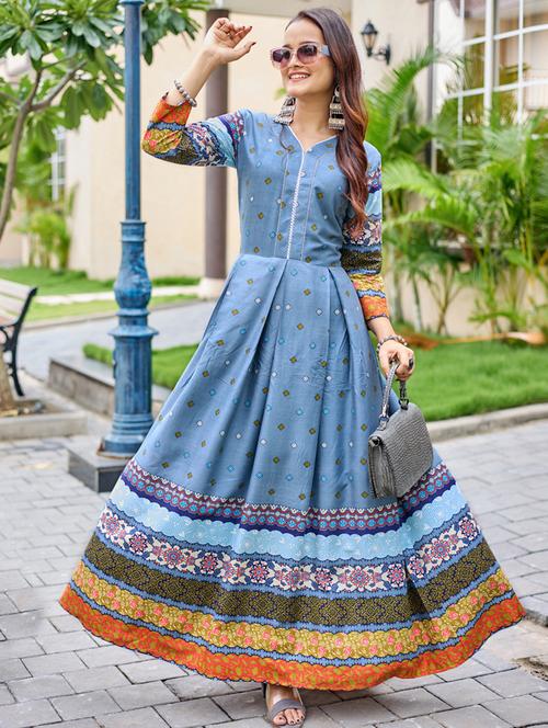 women printed three quarter sleeve anarkali kurta - 22014340 -  Standard Image - 0