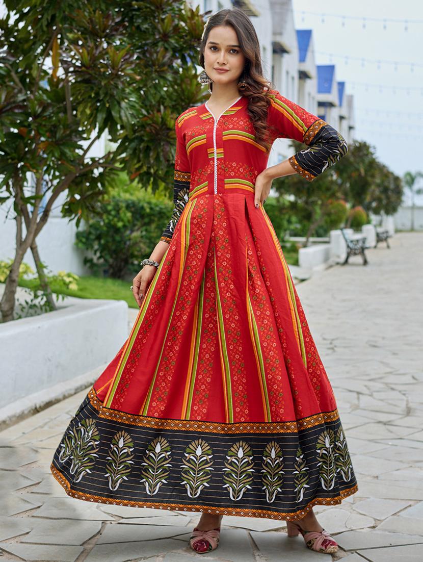 women printed three quarter sleeve anarkali kurta - 22014341 - Standard Image - 2