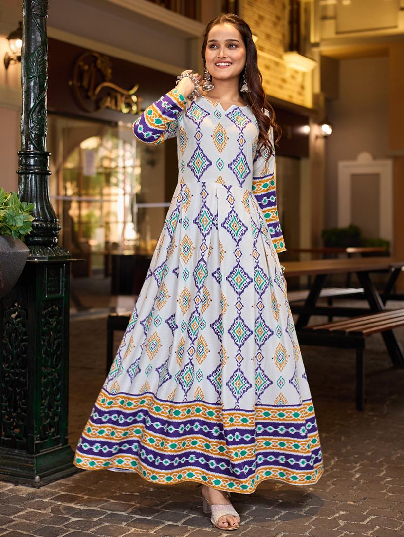 women printed three quarter sleeve anarkali kurta - 22014342 - Standard Image - 2