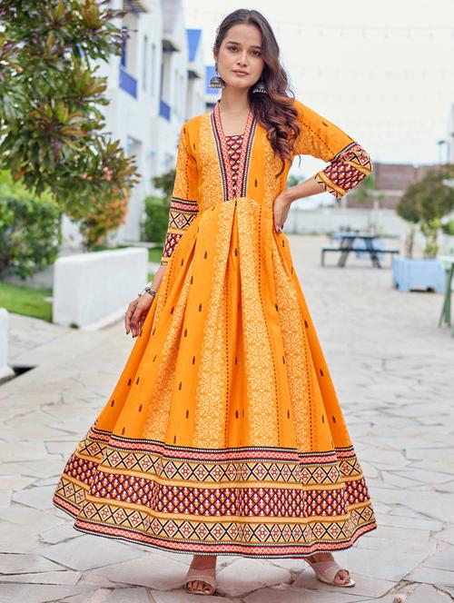 women printed three quarter sleeve anarkali kurta - 22014345 - Standard Image - 0
