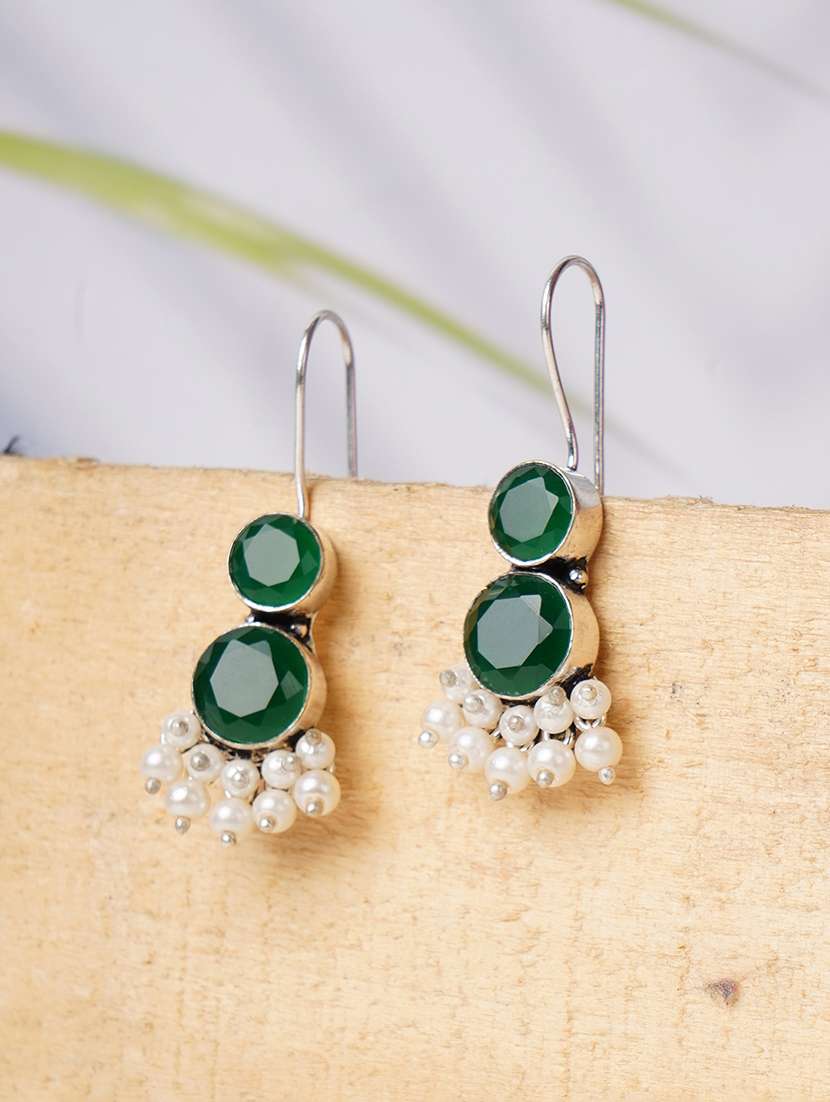 green artificial stones silver tone drop earrings