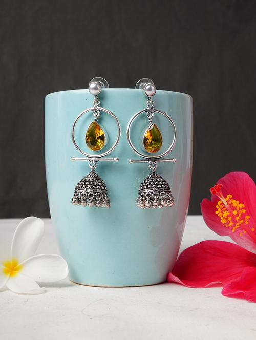 yellow & silver toned classic design crystal drop jhumki - 22014460 -  Standard Image - 0