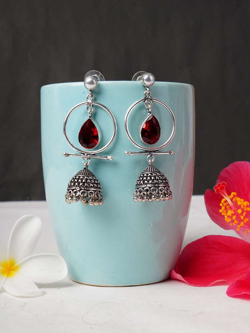 red & silver toned classic design crystal drop jhumki