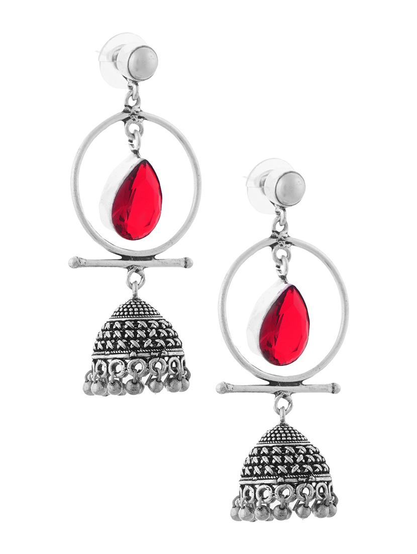 red & silver toned classic design crystal drop jhumki - 22014461 - Standard Image - 2