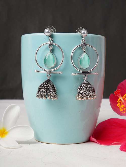 green & silver toned classic design crystal drop jhumki - 22014463 - Standard Image - 0