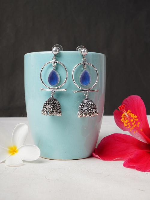 blue & silver toned classic design crystal drop jhumki - 22014466 -  Standard Image - 0