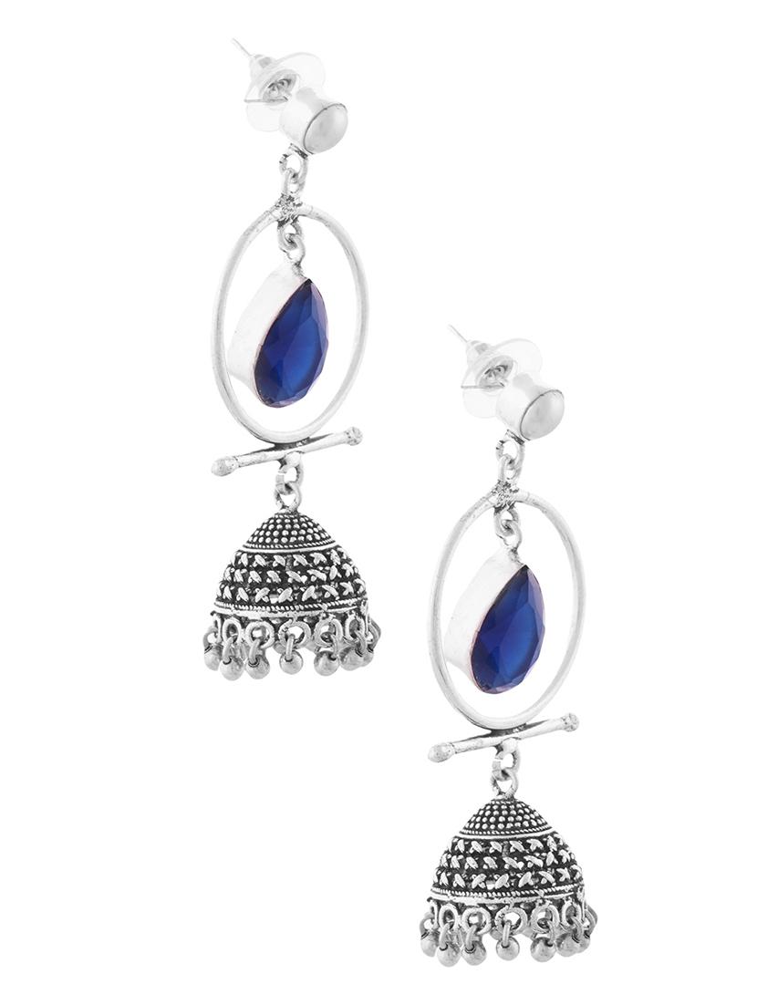 blue & silver toned classic design crystal drop jhumki - 22014466 - Standard Image - 2