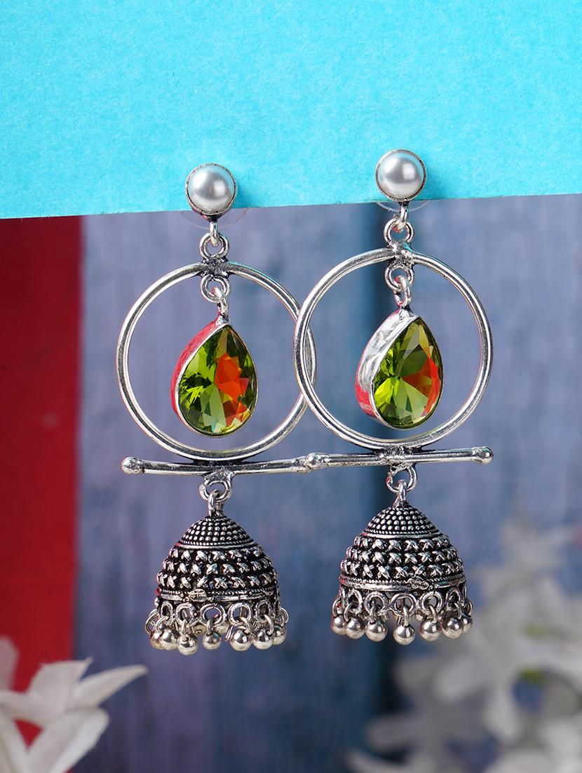 green & silver toned classic design crystal drop jhumki - 22014467 - Zoom Image - 0
