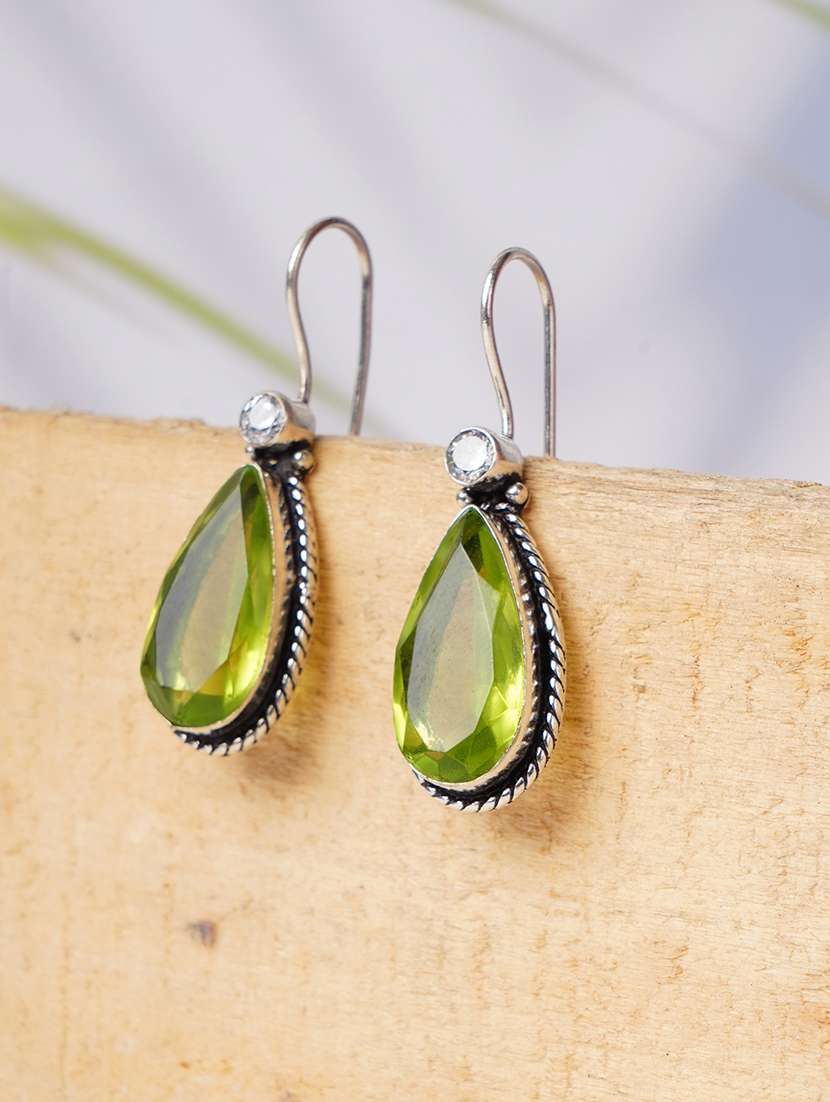 green & silver toned classic design crystal drop earrings