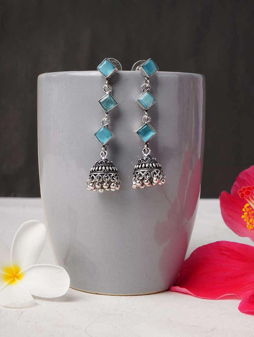 light blue & silver toned classic design crystal drop jhumki
