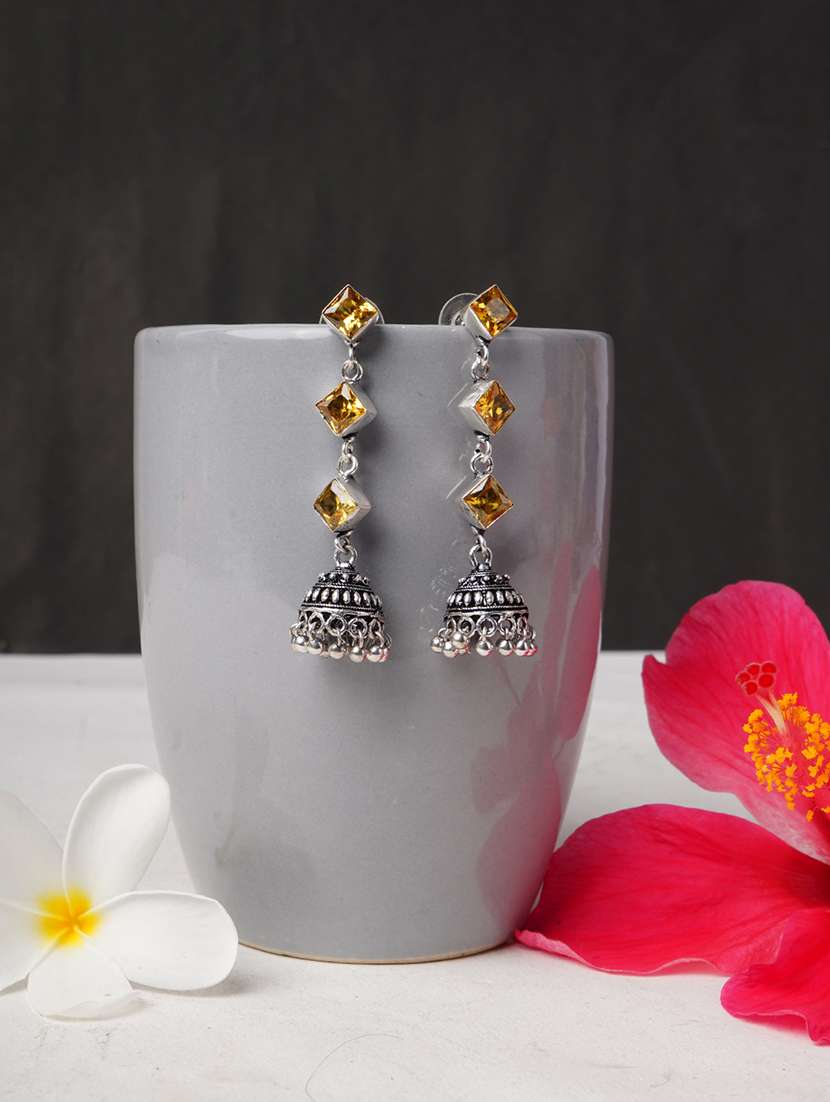 yellow & silver toned classic design crystal drop jhumki