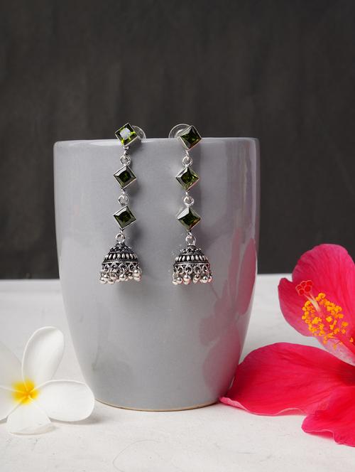 green & silver toned classic design crystal drop jhumki - 22014486 - Standard Image - 0