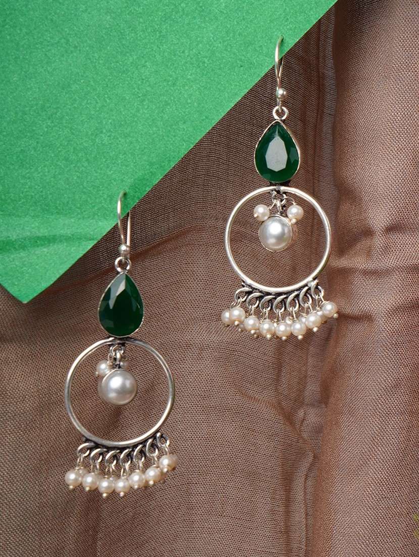 crystals studded and beaded circular drop earrings