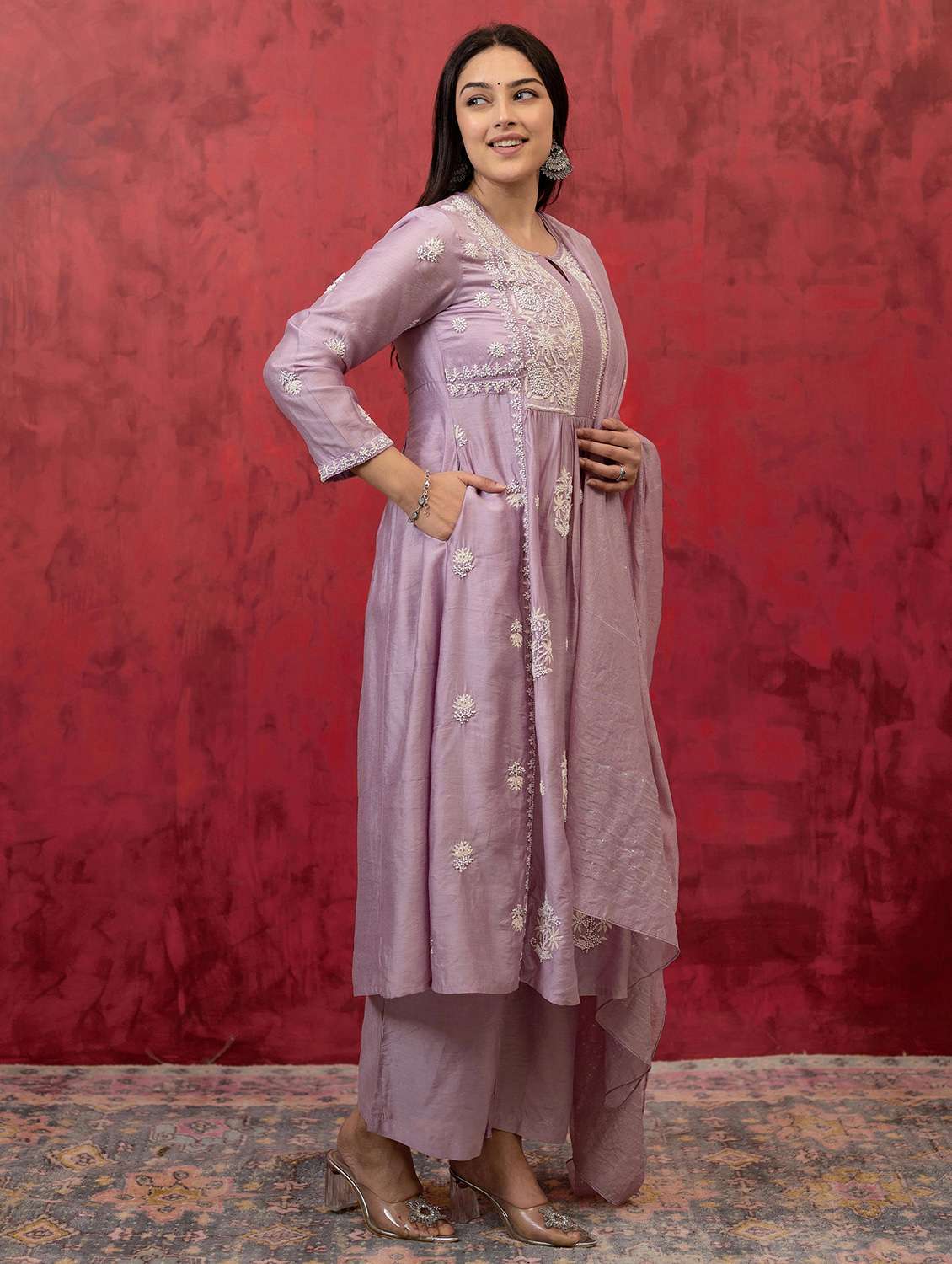 women three quarter sleeve kurta palazzo with dupatta set - 22014544 - Standard Image - 2