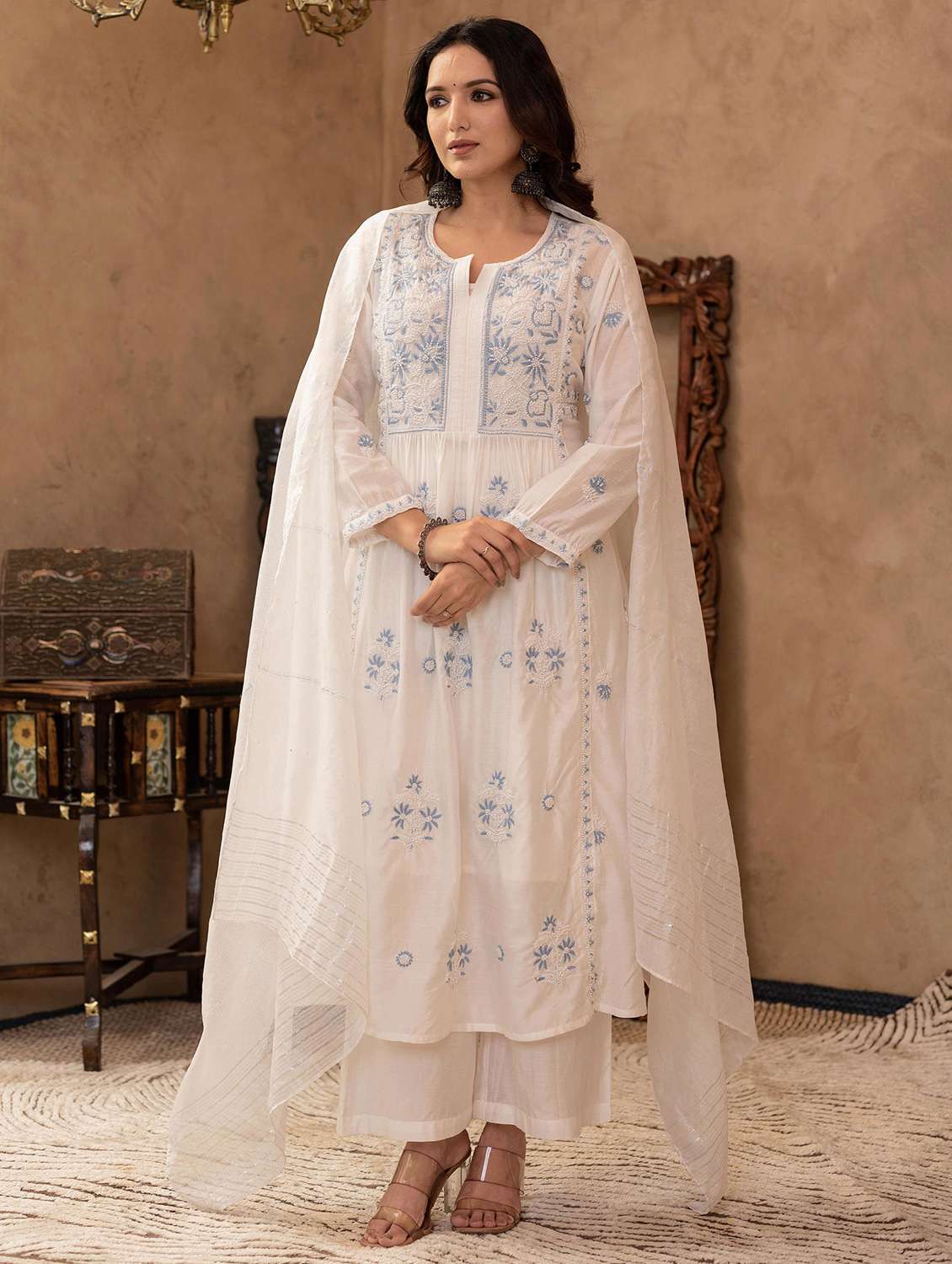 women three quarter sleeve kurta palazzo with dupatta set - 22014545 - Standard Image - 2